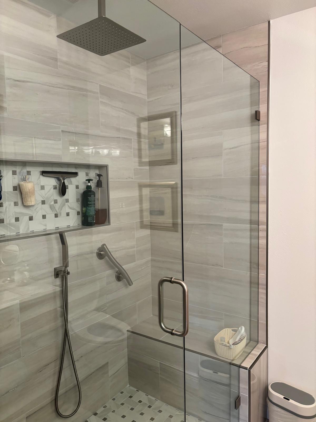 Completed glass-enclosed tile shower, Sapphire Remodeling project